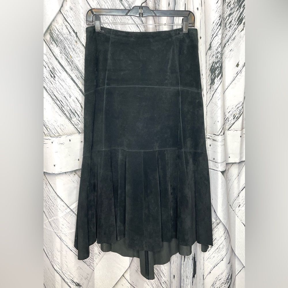 CAbi Black Suede Skirt High Low Trumpet Side Zip Partially Lined 8
